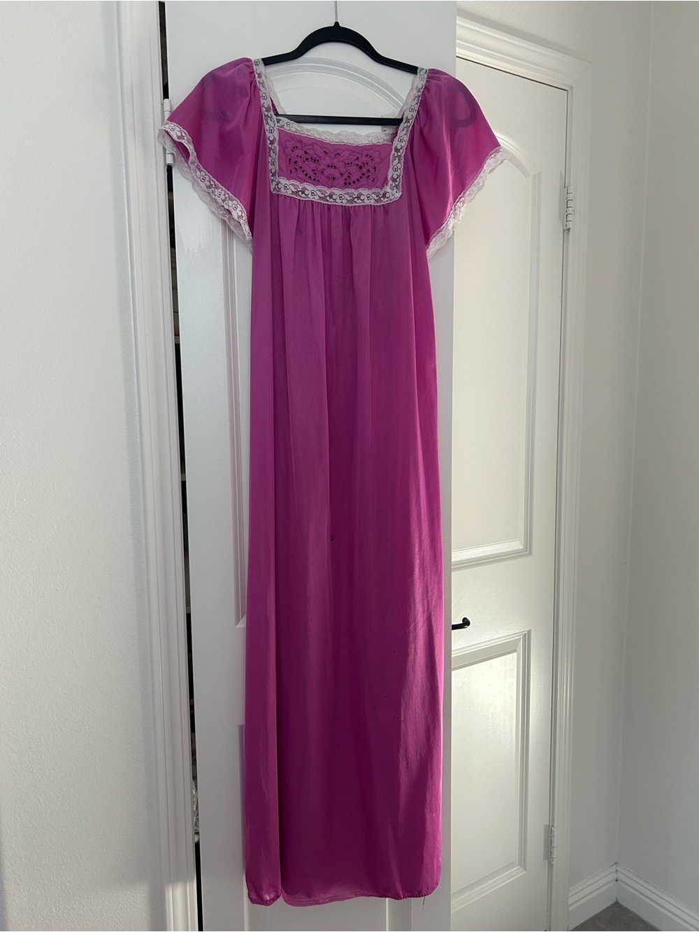 Vintage 70s Fuchsia Maxi Dress with White Lace Trim